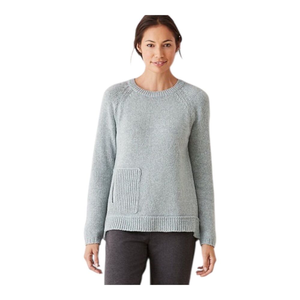 Pure Jill LARGE Wool Cotton Blend Textured Sweater Blue Pocket Pullover Cozy